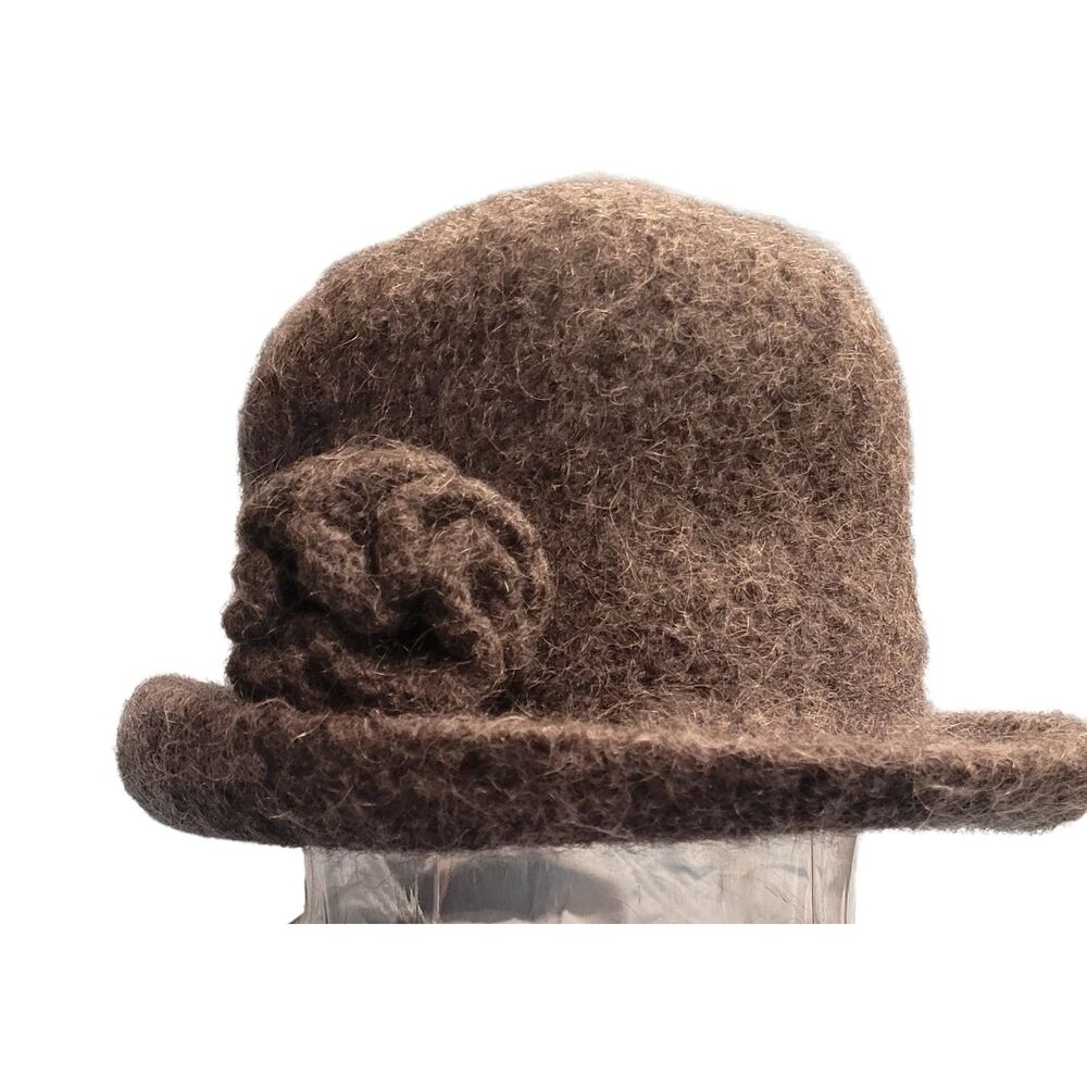 Gray Felted Bowler Hat Rosette Rolled Brim Women's Wool Vintage Cap